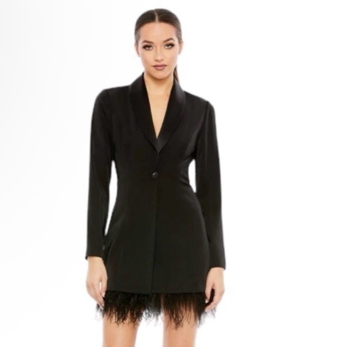 Mac Duggal Black Feathered Trim Tuxedo Dress